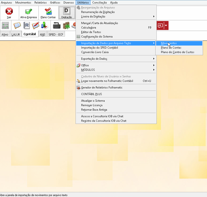 Tela do Folhamatic com destaque para os botões Utilitários, Importação de Dados por Arquivo Texto e Movimentos.