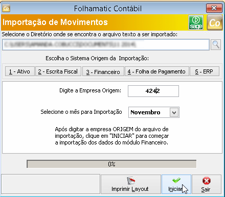 Tela do Folhamatic com destaque para os campos Digite a Empresa Origem, Selecione o mês para Importação e Iniciar.