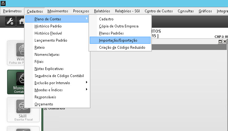 Tela do Exactus com destaque para Cadastros, Planos de Contas e Importação Exportação