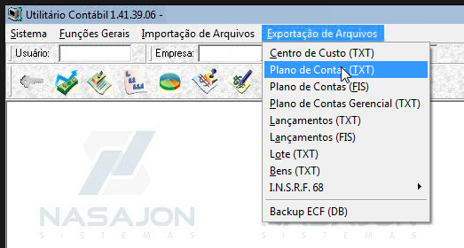 Tela do Nasajon Gold com os botões Utilitário Contábil - Exportação de Arquivos e Plano de Contas (TXT)