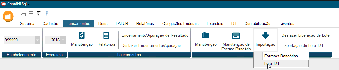 Tela do Nasajon Gold com destaque para os botçoes Importação e Lote TXT