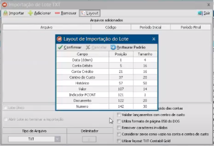 Tela do Nasajon Gold com destaque para o campo Layout de importação do lote.