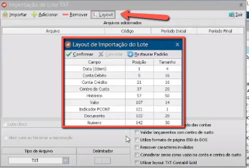 Tela do Nasajon Gold com destaque para os campos Layout e Layout de importação do lote.
