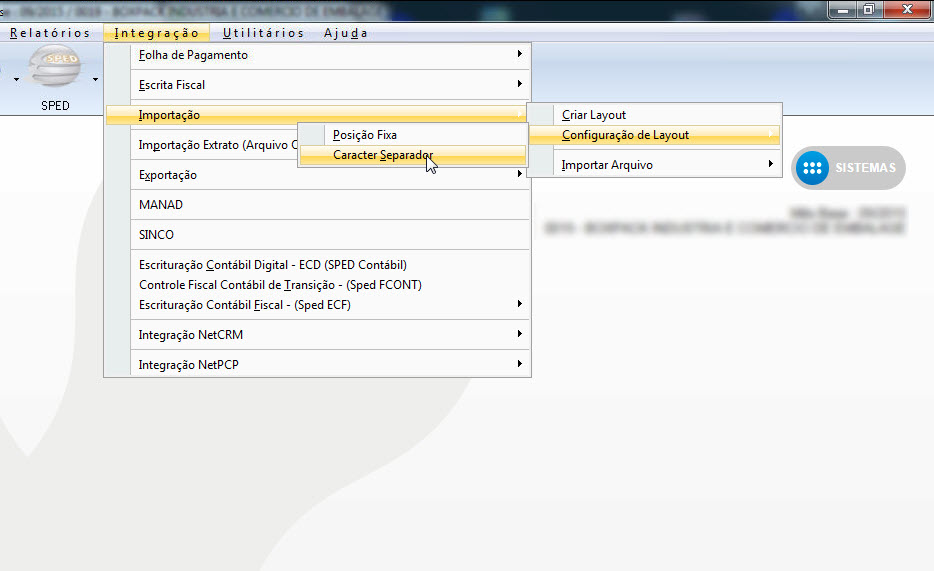 Tela do Netspeed com destaque para os botões Integração, Importação, Importar Arquivo e Carácter Separador.