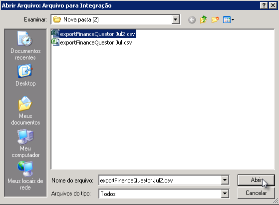 Tela do Questor com destaque para o botão Abrir.