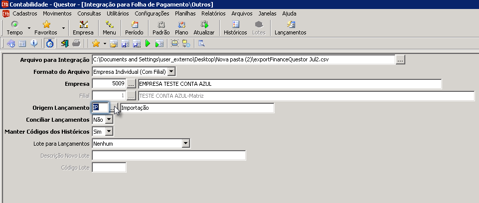 Tela do Questor com destaque para os campos Origem Lançamento e IP(Importação).