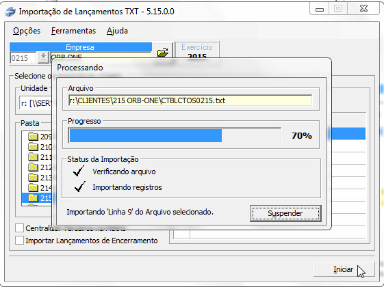 Tela do Prosoft com destaque para o status do progresso da importação.