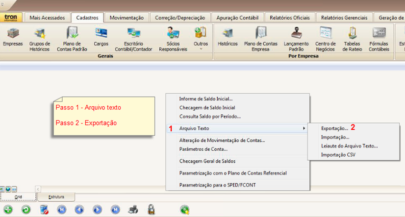 Tela do Tron com destaque para os botões Arquivo Texto e Exportação.