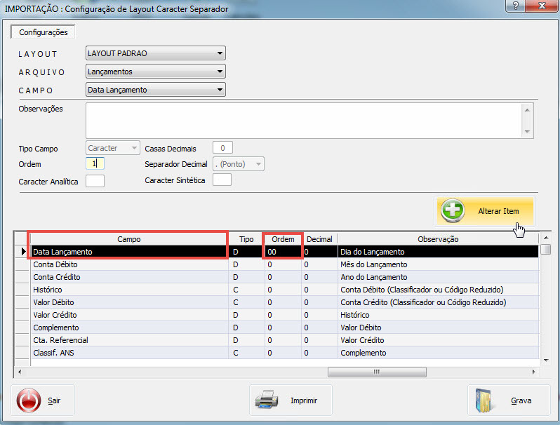 Tela do Netspeed com destaque para os campos Ordem e Alterar Item.