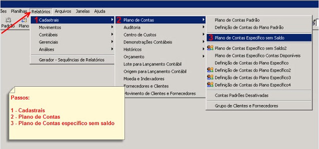 Tela do Questor com destaque para os botões Cadastrais, Plano de Contas e Plano de Contas Específico sem Saldo.
