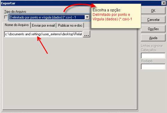 Tela do Questor com destaque para os campos Tipo de Arquivo e Nome do arquivo.