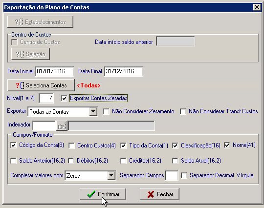 Tela do PH Software com destaque para os campos Exportar Contas Zerada, Código da conta, tipo da conta, classificação e nome.