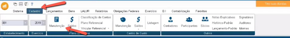 Tela do Nasajon SQL com destaque para os campos Cadastro e Manutenção.