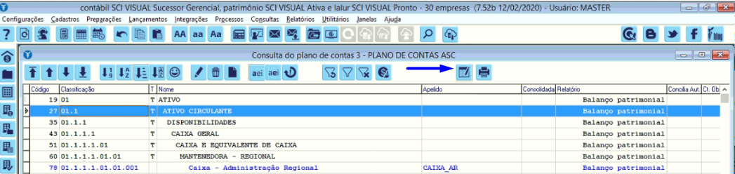 Tela do SCI Linha Visual com destaque para o ícone de planilha.
