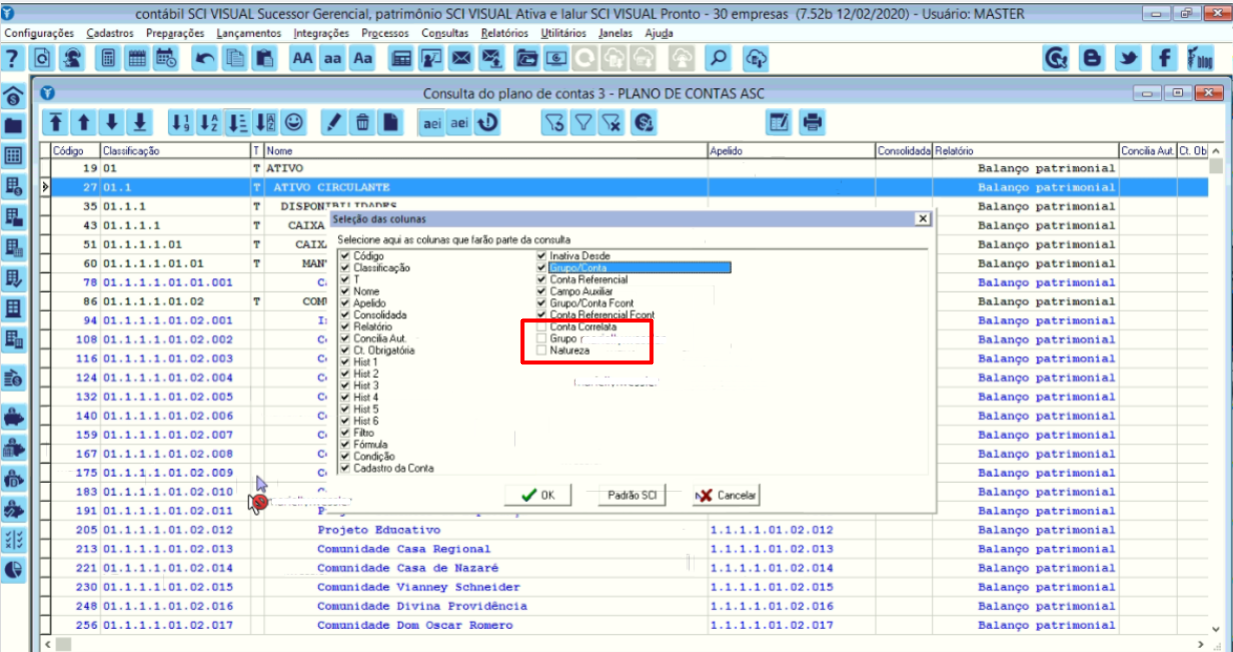 Tela do SCI Linha Visual com destaque para os campos Conta Correlata, Grupo e Natureza.
