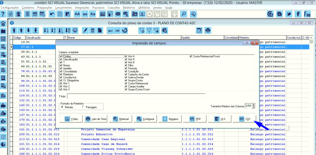 Tela do SCI Linha Visual com destaque para o botão CSV.