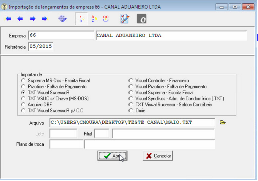 Tela do SCI Linha Visual com destaque para o botão Abrir.