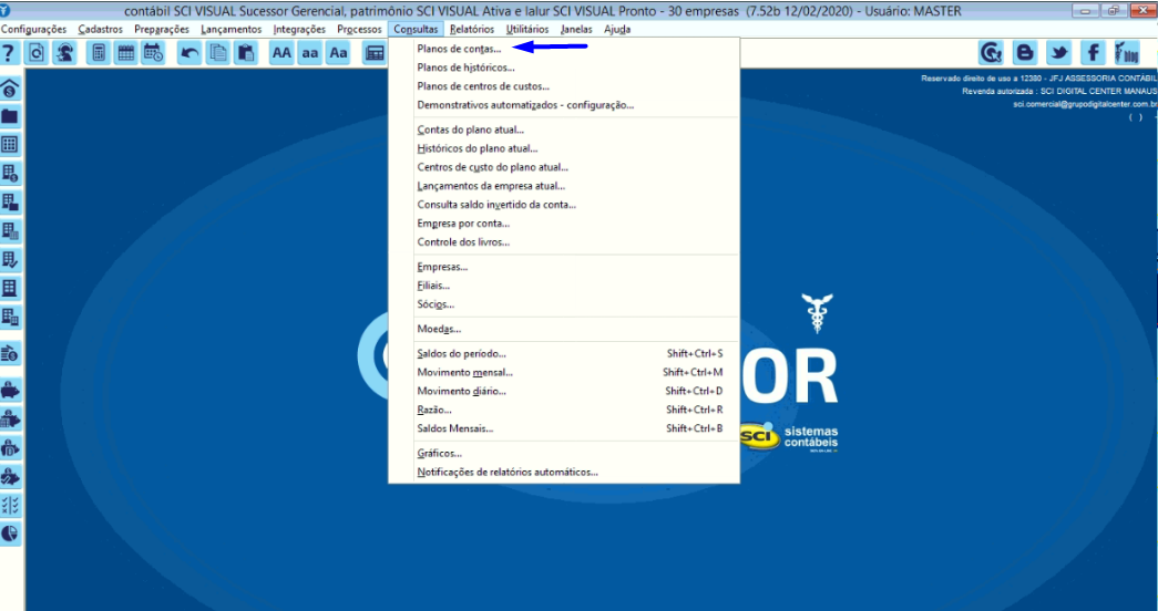 Tela do SCI Linha Visual com destaque para os botões Consulta e Plano de Contas.