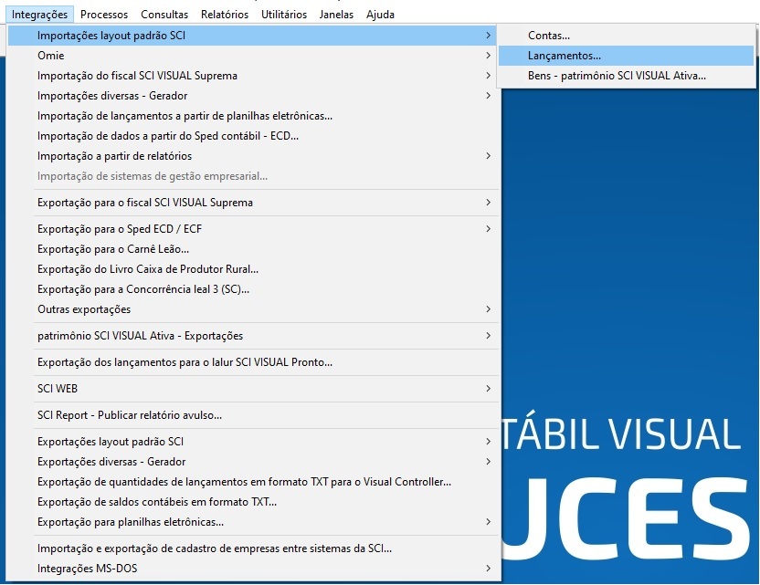 Tela do SCI Linha Visual com destaque para os botões Integrações, Importações layout padrão SCI e Lançamentos.