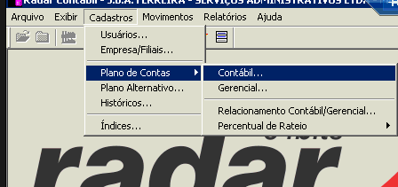 Tela do WK Radar Contábil com destaque para os botões Cadastros, Plano de Contas e Contábil.