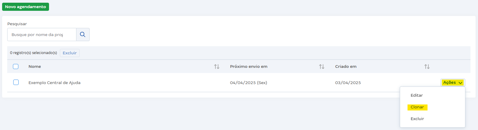 Tela do Agendador de relatórios com destaque para o botao Açoes e clonar.png