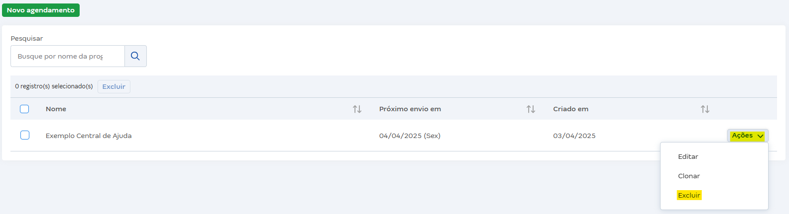 Tela do Agendador de relatórios com destaque para o botao Açoes e excluir.png