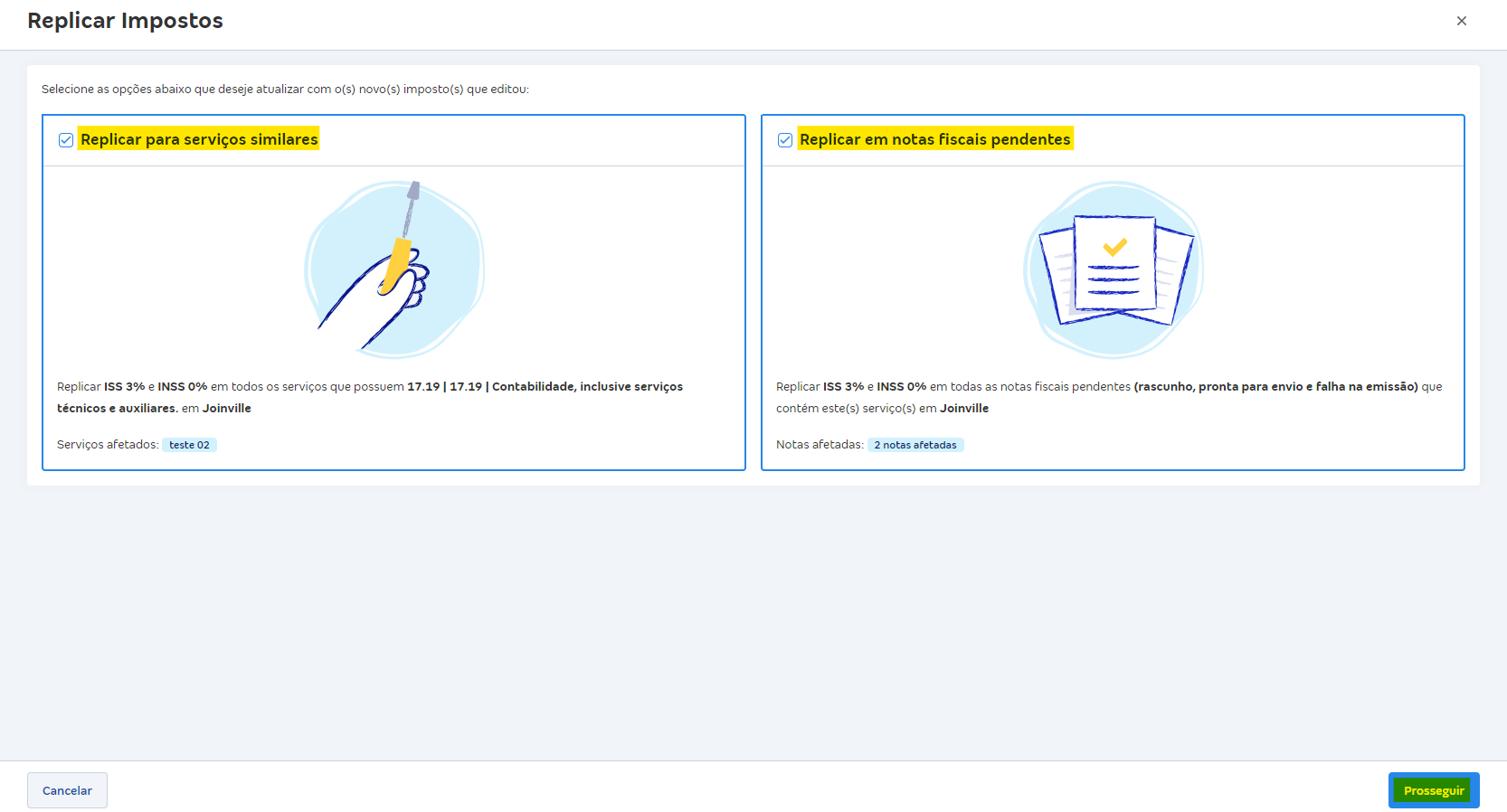 Tela de Replicar impostos, para escolher se deseja atualizar serviços similares e/ou Notas fiscais pendentes