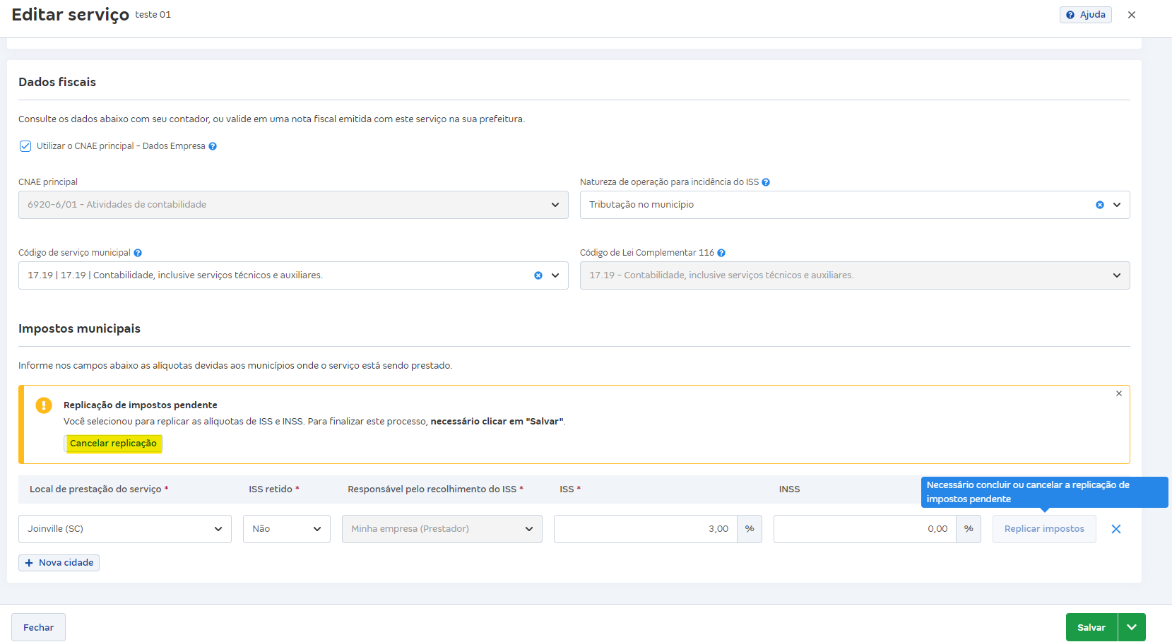 Tela de cadastro de serviço, destacando o botão Cancelar replicação.
