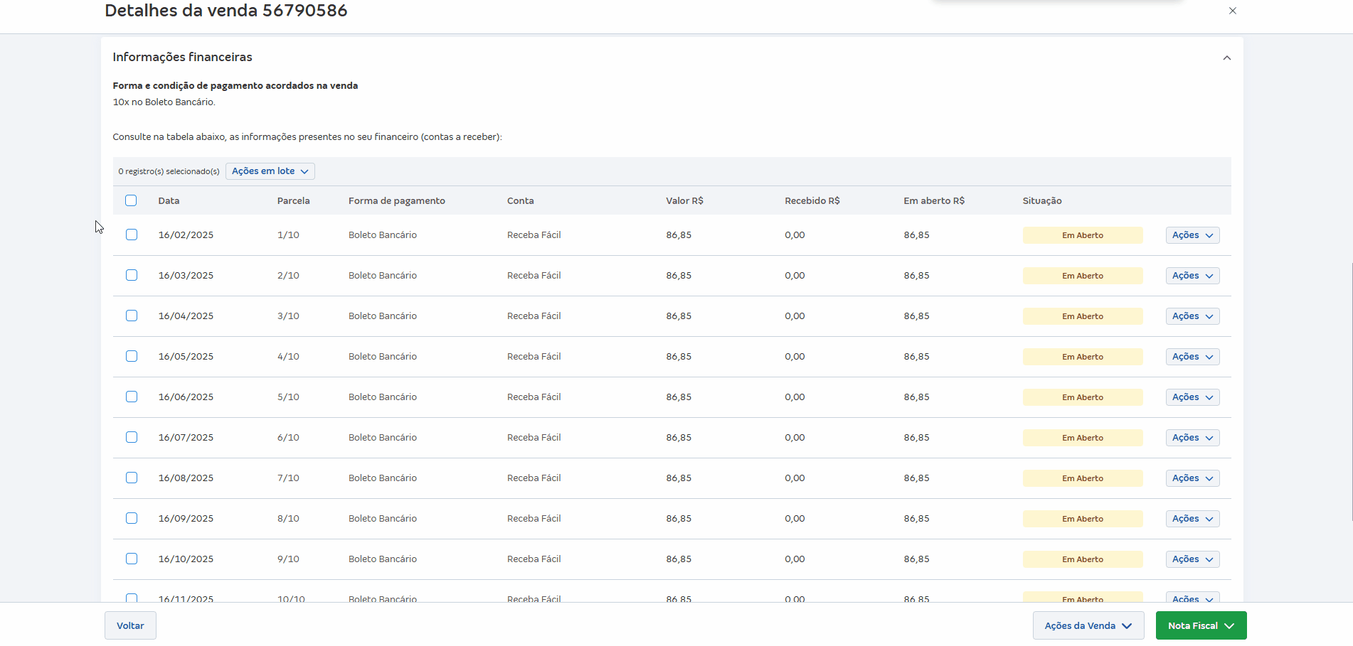 Passo a passo para para realizar o download em lote dos Boletos da Conta Azul no momento de gerar as cobrança na venda.