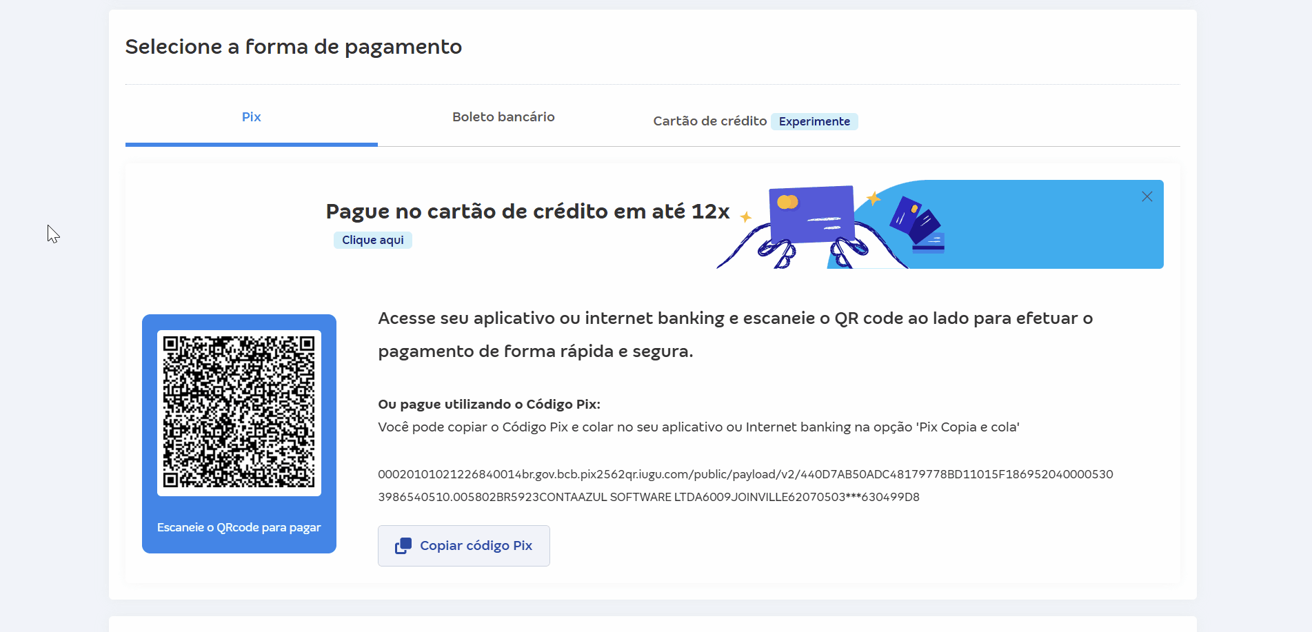 Passo a passo para escolher realizar o pagamento da fatura via Boleto, Pix ou cartão de crédito.