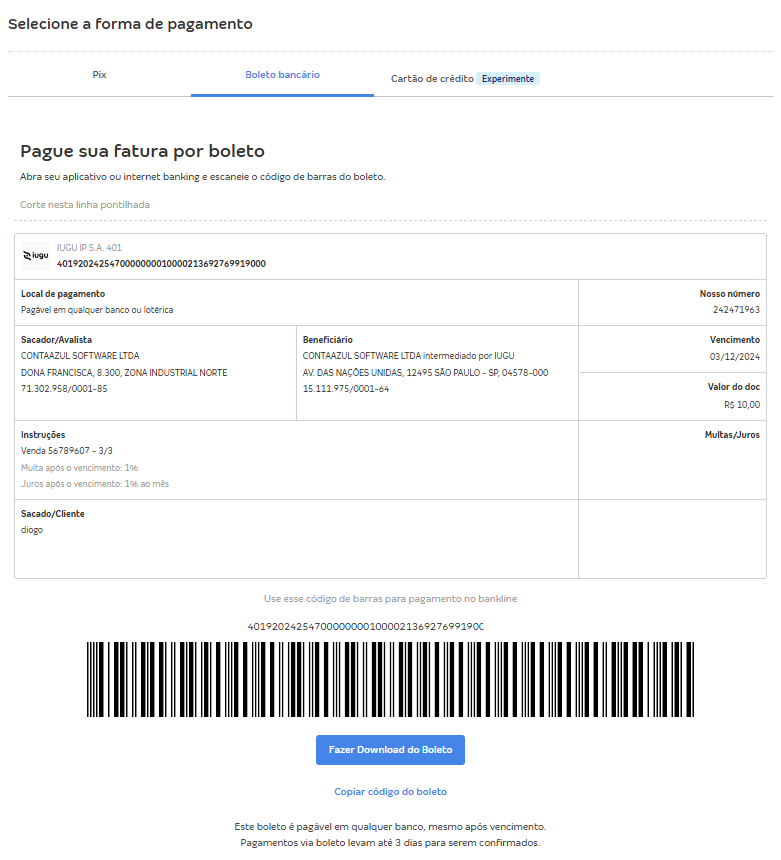 Tela da fatura do Boleto da Conta Azul com pagamento via Boleto.