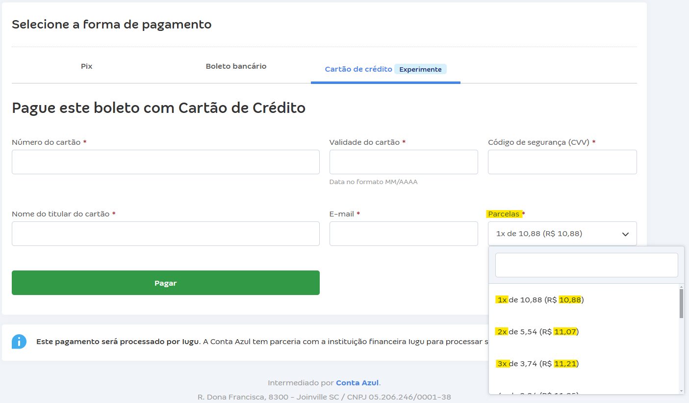 Tela da fatura do Boleto da Conta Azul com pagamento via Cartão de crédito com destaque para o campo parcelas.
