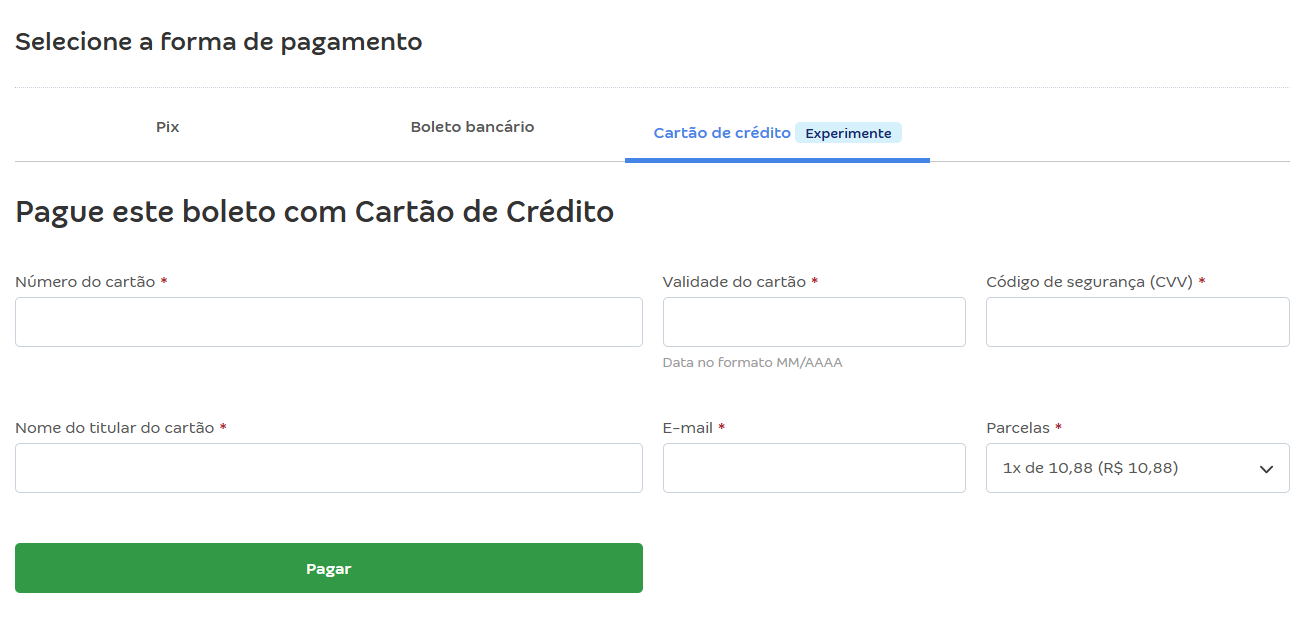 Tela da fatura do Boleto da Conta Azul com pagamento via Cartão de crédito.