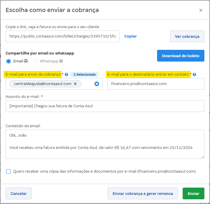 Tela de envio de cobrança com destaque para os campos E-mail para envio e E-mail para o destinatário entrar em contato.