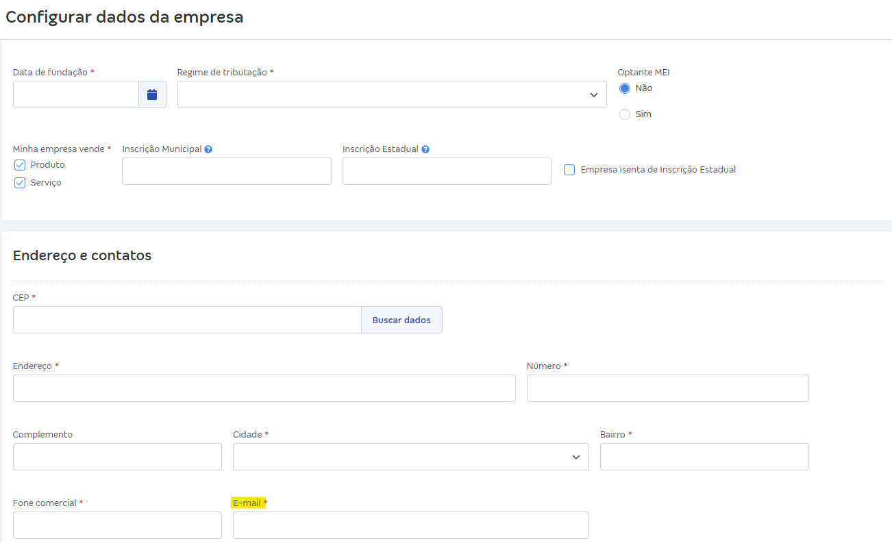 Tela de Dados da empresa com destaque para o campo E-mail.