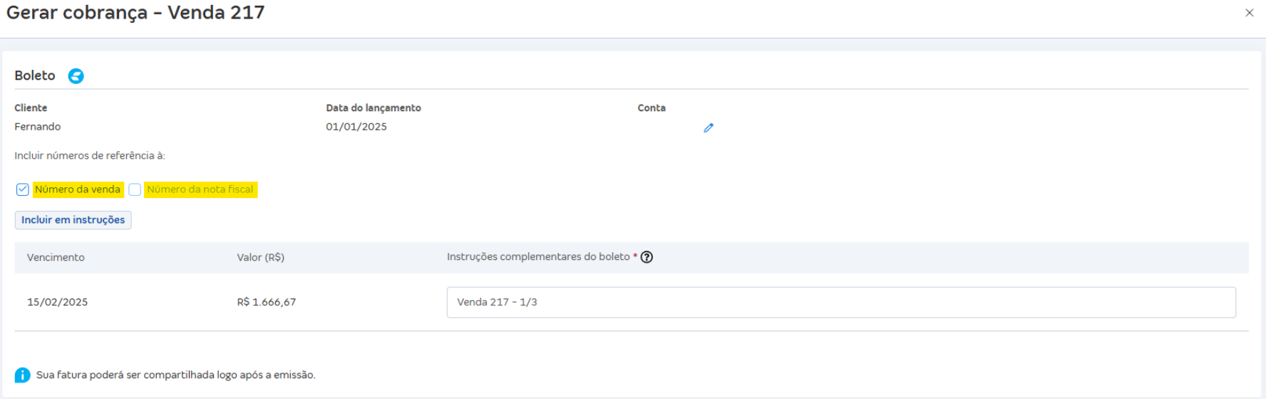 Tela de gerar cobrança com destaque para os números da venda e da nota fiscal.png