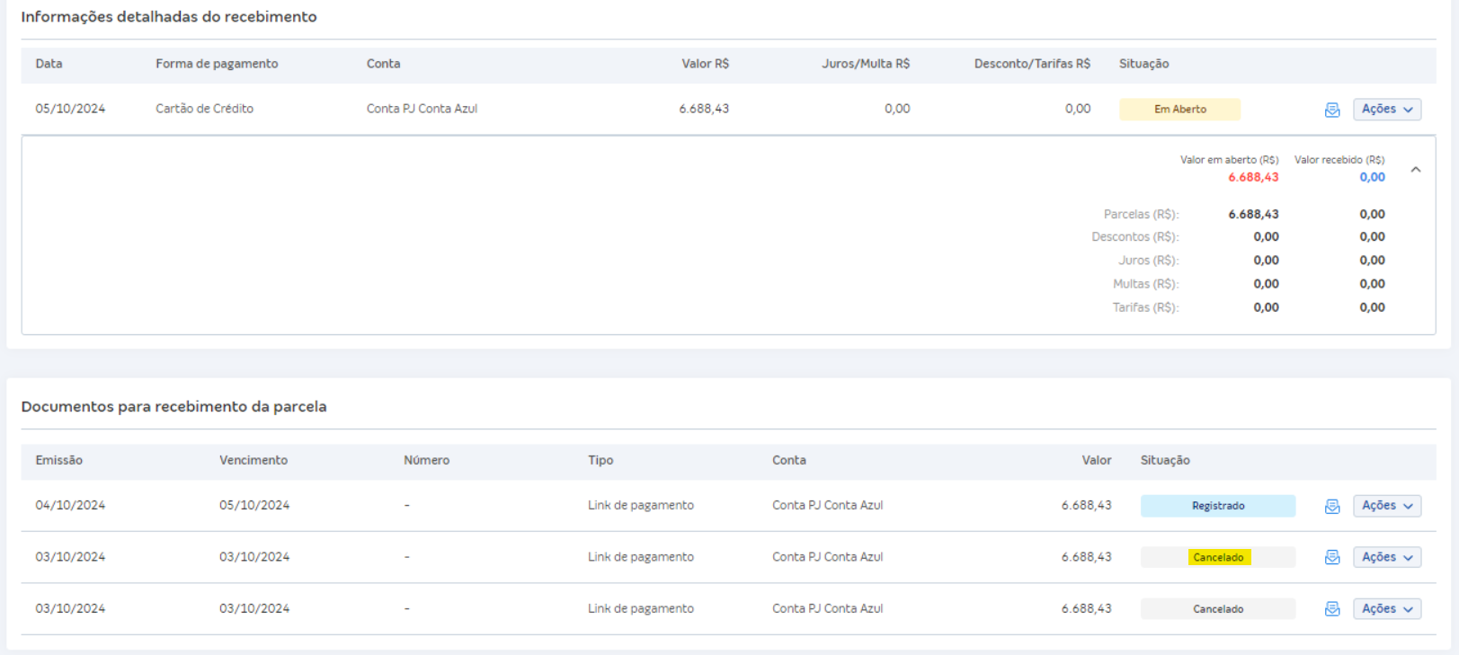 Tela de lançamento financeiro com destaque para a situação Cancelado.
