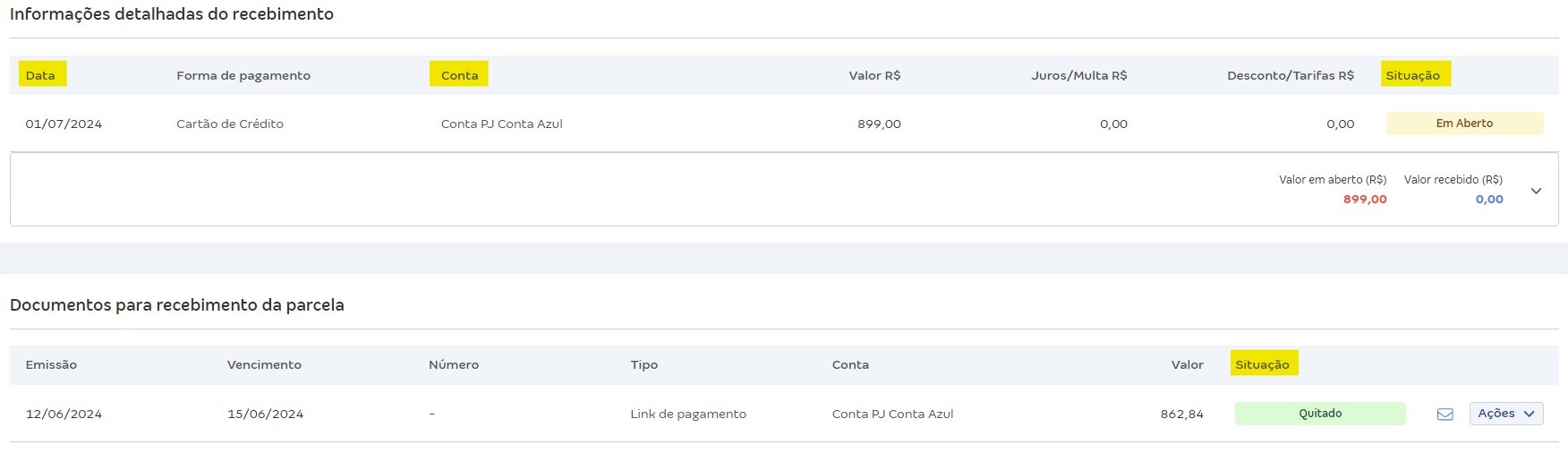 Tela do lançamento financeiro com destaque para os campos Data, conta e situação.