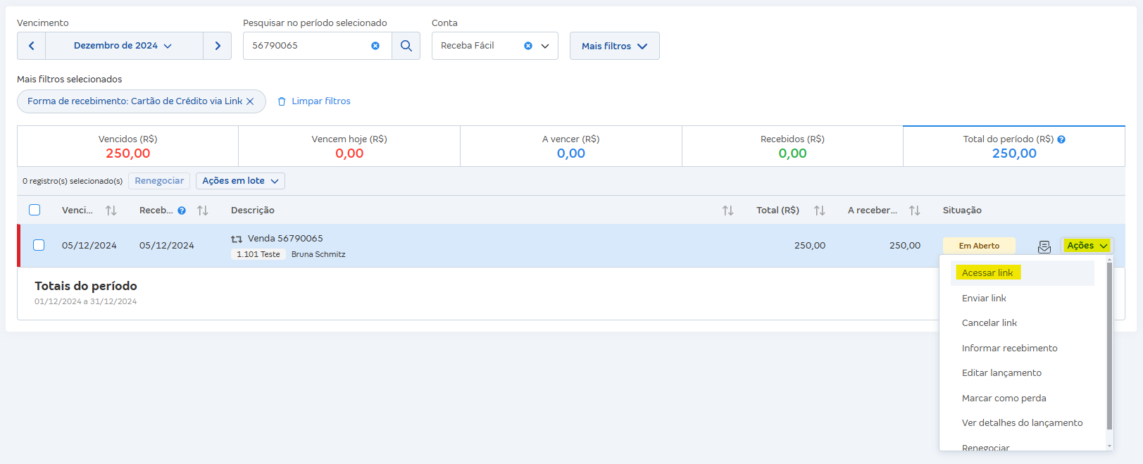 Tela de Contas a receber com opção Acessar link.