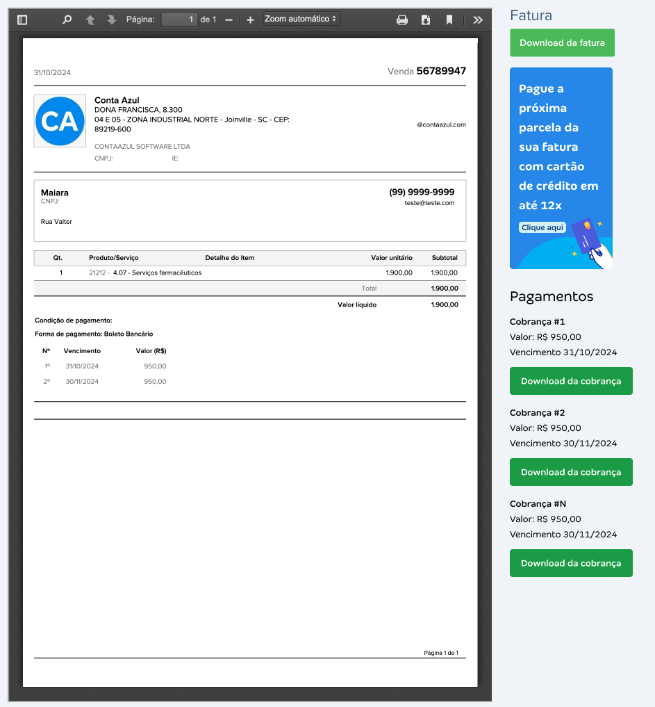 Tela da fatura da venda com destaque para o banner Pague no cartão de crédito em até 12x e download das cobranças.