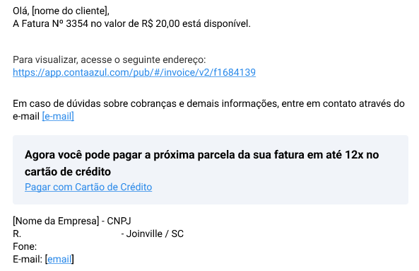 Tela de e-mail recebido com a fatura da venda com a opção de pagar via cartão de crédito.