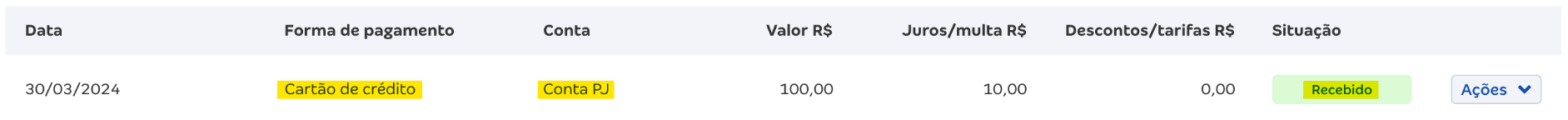 Tela do lançamento financeiro com destaque para os campos Forma de pagamento, Conta e Situação.