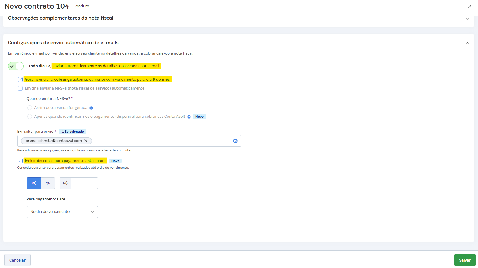 Tela de configurações do contrato com destaque para Incluir desconto para pagamento antecipado.