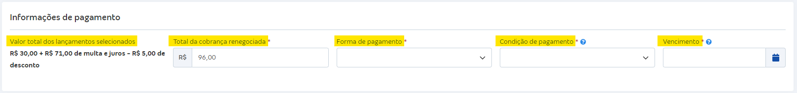 Tela de Informações de pagamentos com destaque para Valor total, Total da cobrança, Forma pgto, Condição e Vencimento.