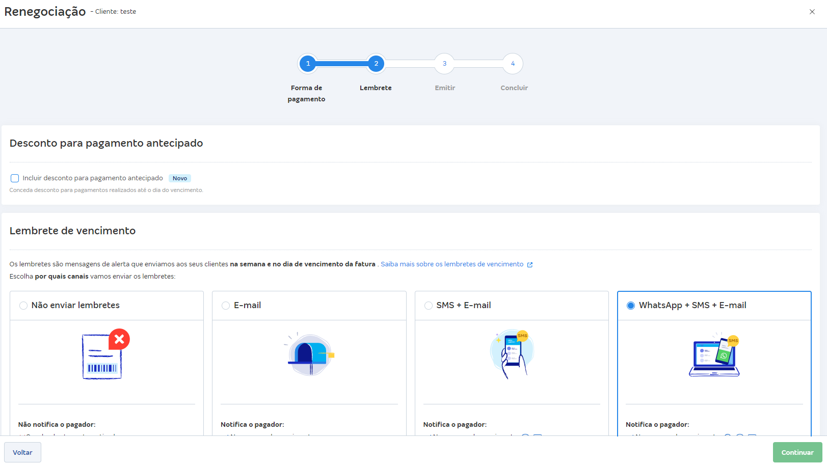 Tela de configuração do Desconto para pagamento antecipado e o Lembrete de vencimento.