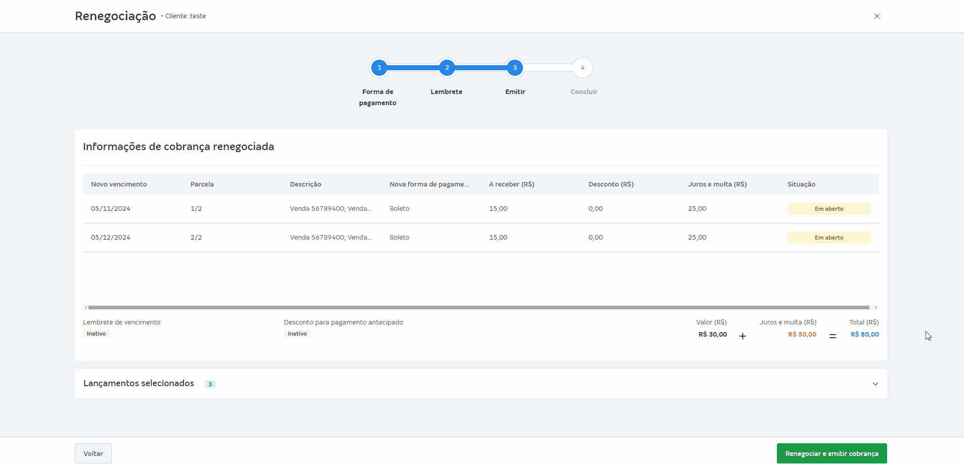 Passo a passo para concluir renegociação de cobranças.
