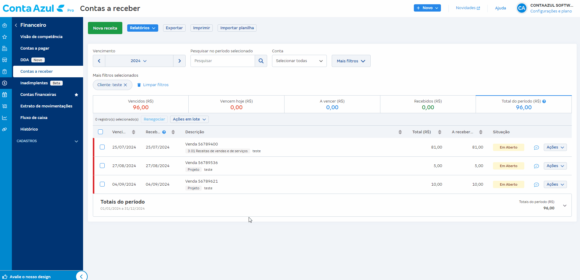 Passo a passo para selecionar recebimentos para renegociar cobranças.