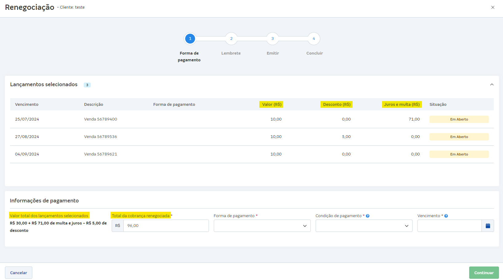 Tela de Renegociação com destaque para os campos Valor, Desconto, Juros e multa, Valor total e Total da cobrança.