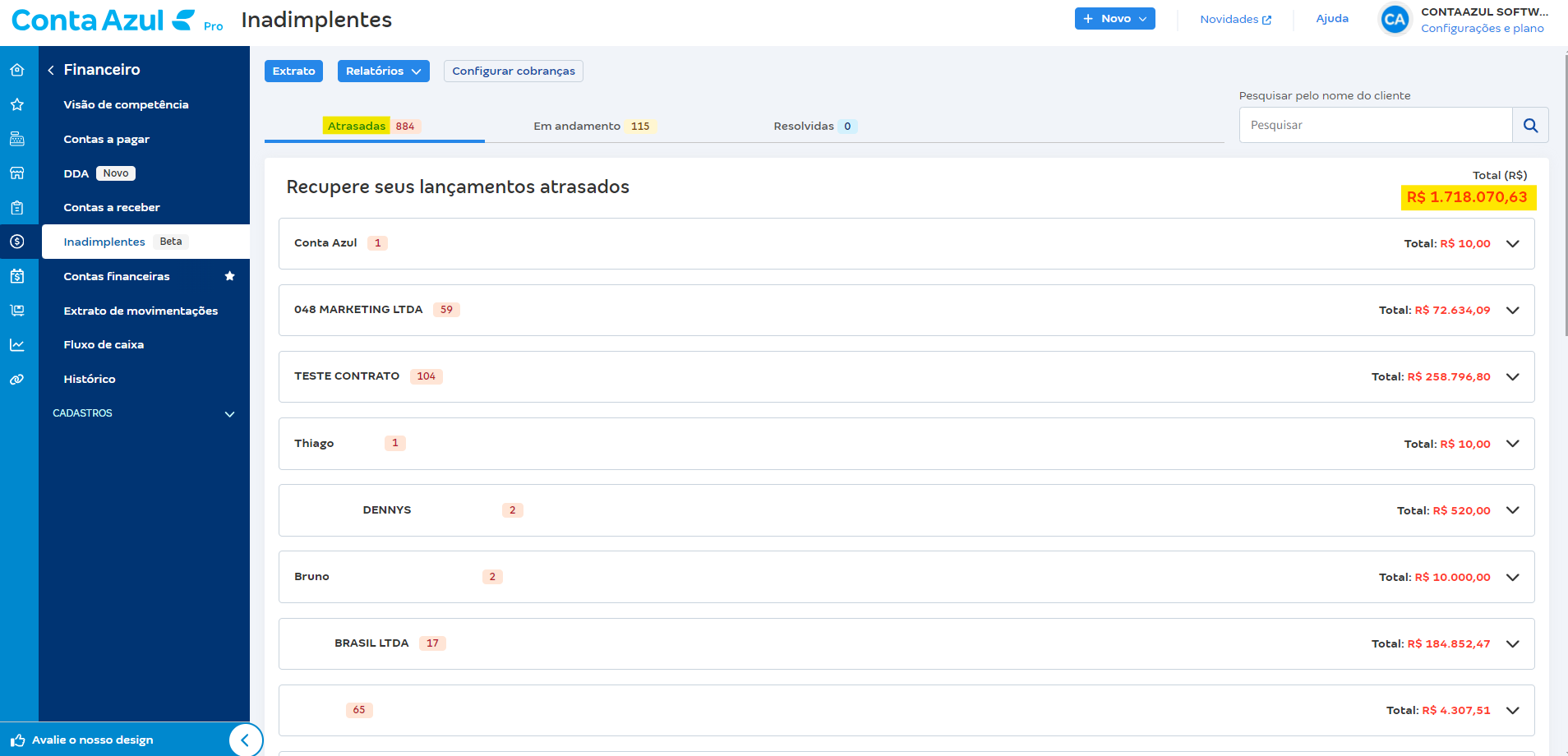 Resumo com Atrasadas e Total em R$.
