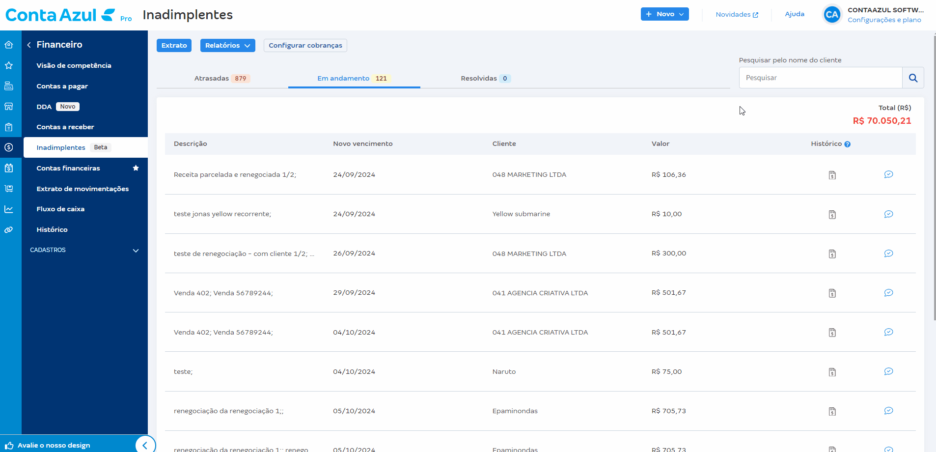 Passo a passo para ver resumo dos Lançamentos selecionados e Informações de cobrança combinada.